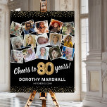 80th Birthday Black Gold Photo Party Foam Board<br><div class="desc">Elegant 80th birthday party picture foam board sign featuring a stylish black background that can be changed to any color,  a 15 photo collage through the years,  the saying 'cheers to 80 years',  gold glitter edges,  their name,  and the date of the celebration.</div>