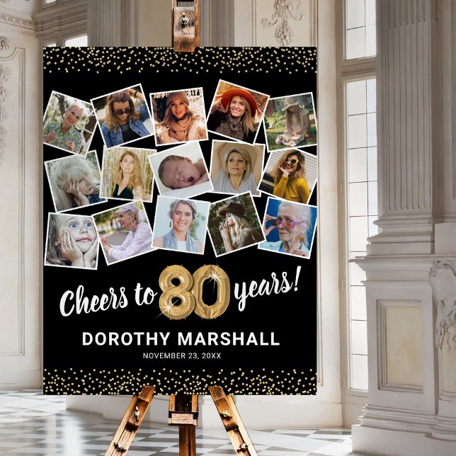 80th Birthday Black Gold Photo Party Foam Board (Creator Uploaded)