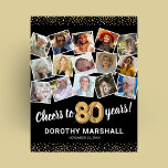 80th Birthday Black Gold Photo Party Poster<br><div class="desc">Elegant 80th birthday party picture poster featuring a stylish black background that can be changed to any color,  a 15 photo collage through the years,  the saying 'cheers to 80 years',  gold glitter edges,  their name,  and the date of the celebration.</div>
