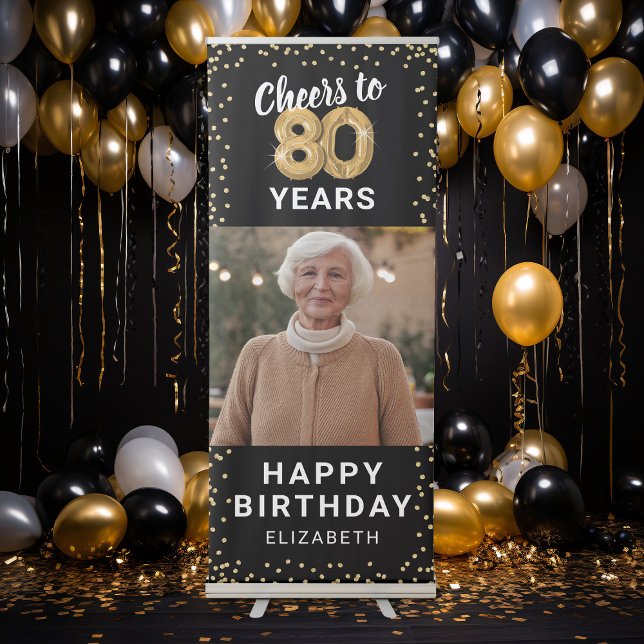 80th Birthday Black Gold Photo Retractable Banner (Creator Uploaded)
