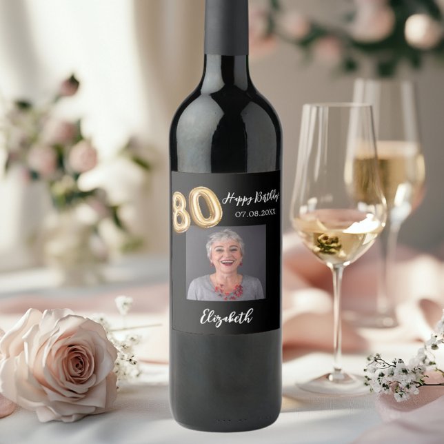 80th Birthday black gold photo Wine Label (Creator Uploaded)