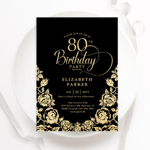 80th Birthday Black Gold Roses Invitation