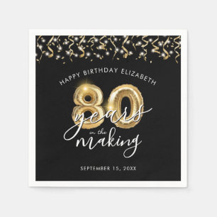 80th Birthday Black Gold Script Balloon Streamers Napkins