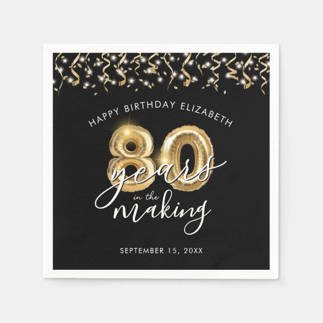 80th Birthday Black Gold Script Balloon Streamers Napkins (Front)