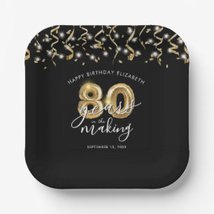 80th Birthday Black Gold Script Balloon Streamers Paper Plates