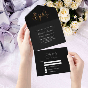 80th birthday black gold script rsvp all in one invitation