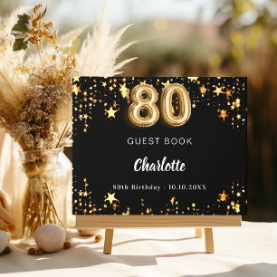 80th Birthday black gold stars Guest Book