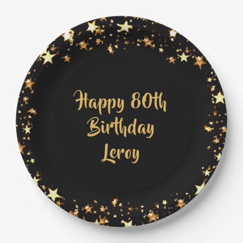 80th Birthday Black Gold Stars Name Paper Plates - Modern black and gold stars design personalized with your custom text in an editable brush script font (the sample says HAPPY 80TH BIRTHDAY NAME). CHANGES:  Change the black background color or text font style, color, size or placement by clicking CUSTOMIZE FURTHER. Contact the designer via Zazzle Chat or makeitaboutyoustore@gmail.com if you'd like this design modified or on another product.