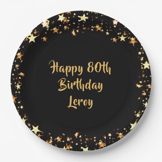 80th Birthday Black Gold Stars Name Paper Plates (Front)