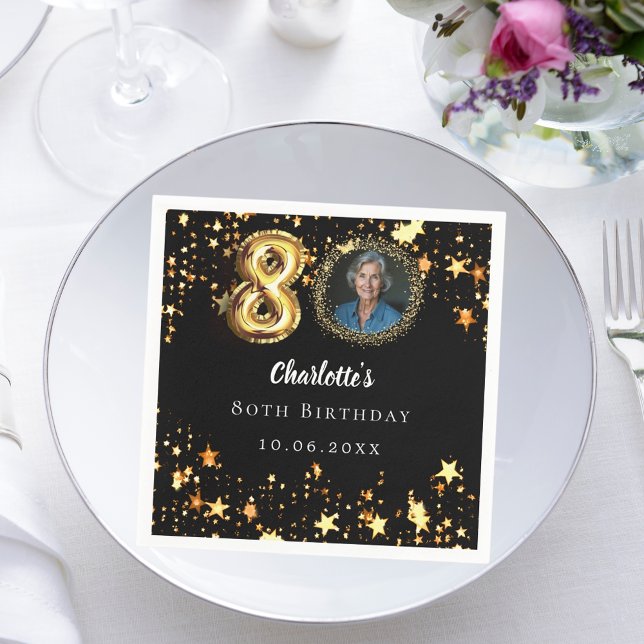80th birthday black gold stars photo napkins (Creator Uploaded)
