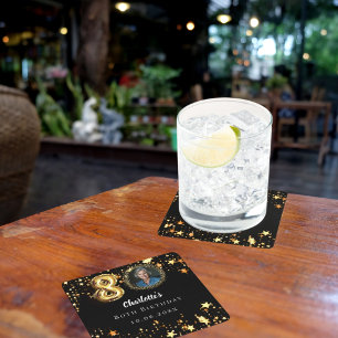 80th birthday black gold stars photo square paper coaster