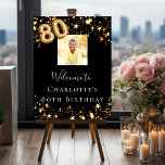 80th birthday black gold stars photo welcome foam board<br><div class="desc">A welcome board for a glamorous 80th birthday party.  A black background decorated with faux gold stars. Personalize and add a name. 
Back: no design.</div>