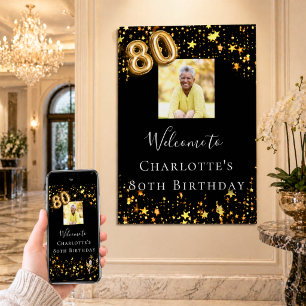 80th birthday black gold stars photo welcome poster