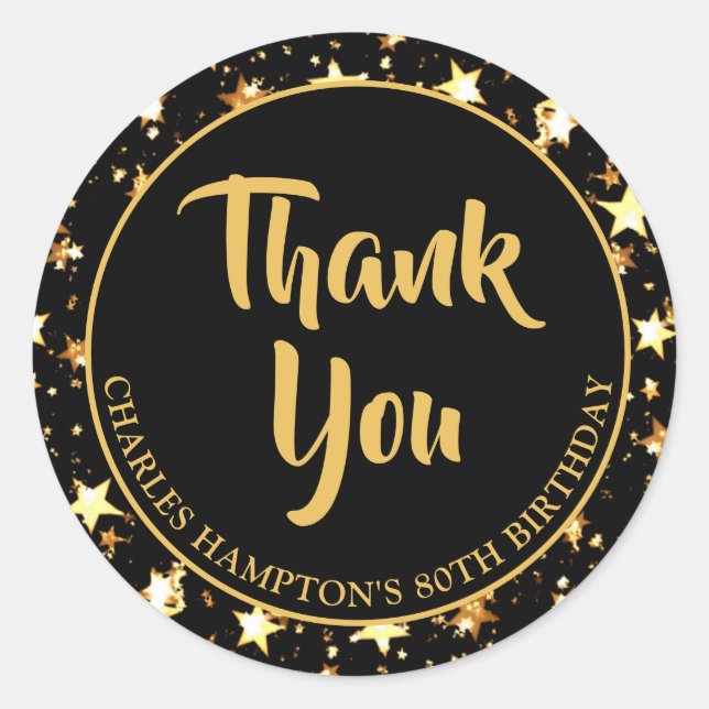 80th Birthday Black Gold Stars THANK YOU Classic Round Sticker (Front)