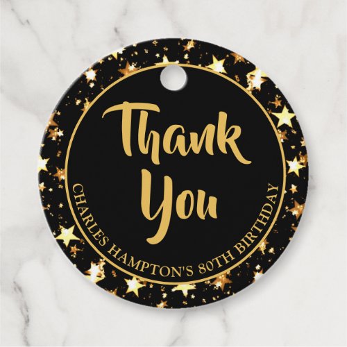 80th Birthday Black Gold Stars THANK YOU Favor Tags