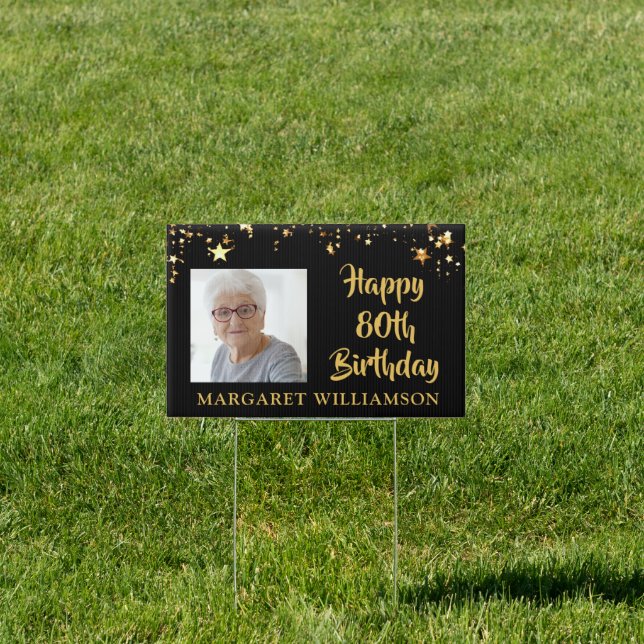 80th Birthday Black Gold Stars Two Photos Name Sign (Insitu)