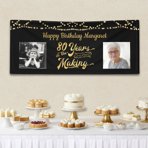 80th Birthday Black Gold String Lights Photos Banner