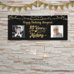 80th Birthday Black Gold String Lights Photos Banner<br><div class="desc">Celebrate a 80th birthday with this banner sign featuring a retro gold typography title design of 80 YEARS IN THE MAKING that incorporates his or her birth year as part of the design, 2 photos (fun to include Then and Now photos), gold string lights and your personalized custom message (the...</div>