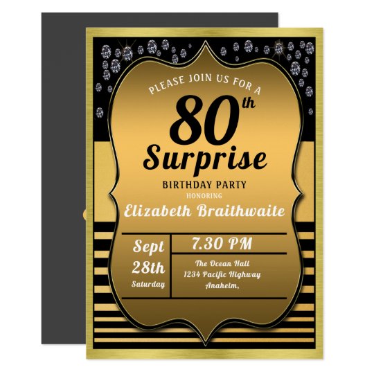 80th Birthday Black Gold Surprise Party Invitation