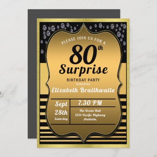 80th Birthday Black Gold Surprise Party Invitation