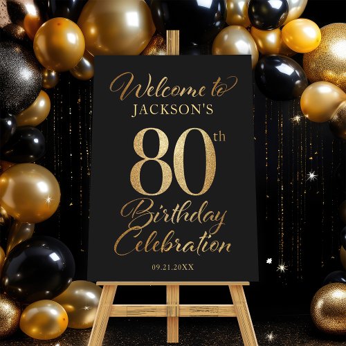 80th Birthday Black  Gold Welcome Sign