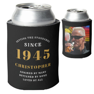 80th Birthday Black Gold With Name & Photo Can Cooler