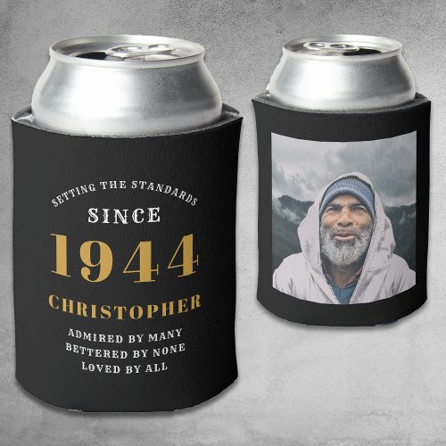 80th Birthday Black Gold With Photo Can Cooler