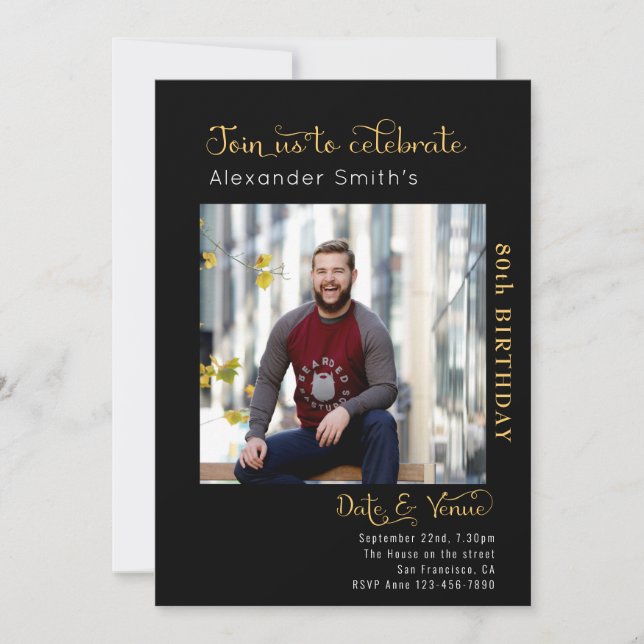 80th Birthday Black Invitation (Front)