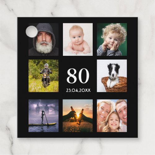 80th birthday black photo collage thank you favor tags