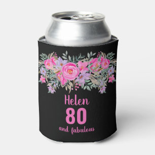 80th birthday black pink floral can cooler