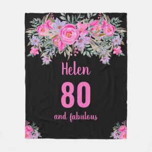 80th birthday black pink floral  fleece blanket