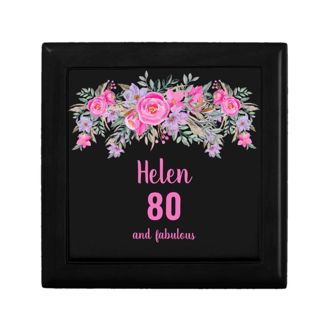 80th birthday black pink floral  gift box (Front)
