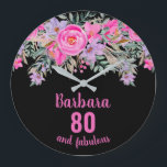 80th birthday black pink floral  large clock<br><div class="desc">Stylish design for a 80th birthday party with a pink "80" and scripted "fabulous" embellished by feminine watercolor flowers on a black background. Customize age,  text and background color.</div>