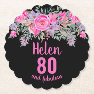 80th birthday black pink floral script name paper coaster