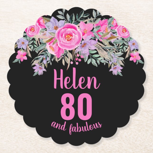 80th birthday black pink floral script name paper coaster (Front)