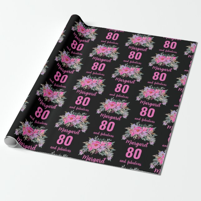 80th birthday black pink floral wrapping paper (Unrolled)