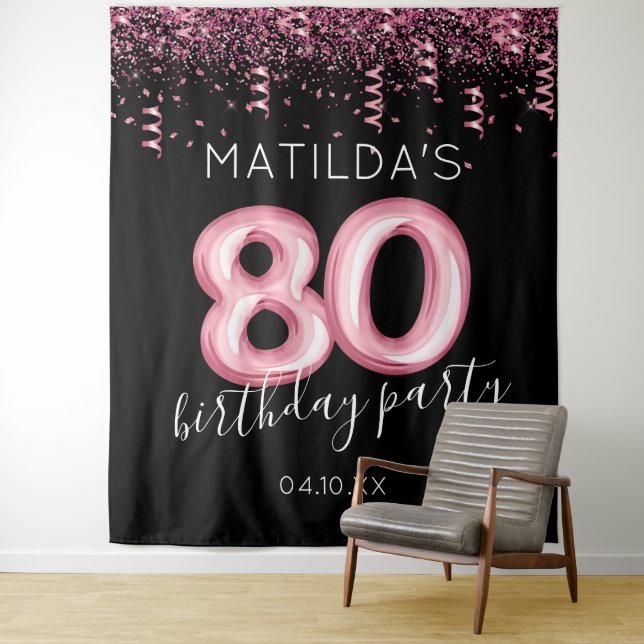 80th Birthday Black Pink Photo Backdrop (In Situ)