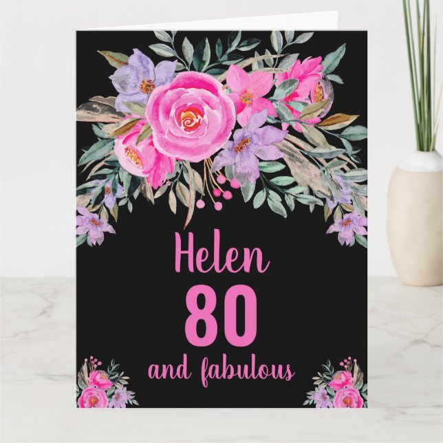 80th birthday black pink watercolor floral  card (Front)