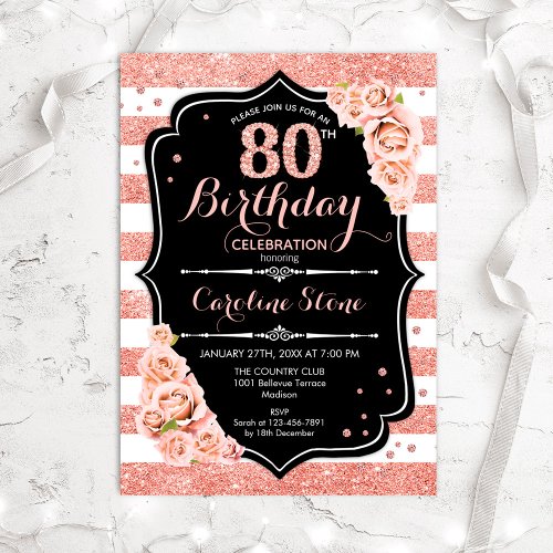 80th Birthday Black Rose Gold and White Stripes Invitation