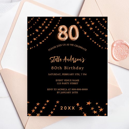 80th birthday black rose gold budget invitation