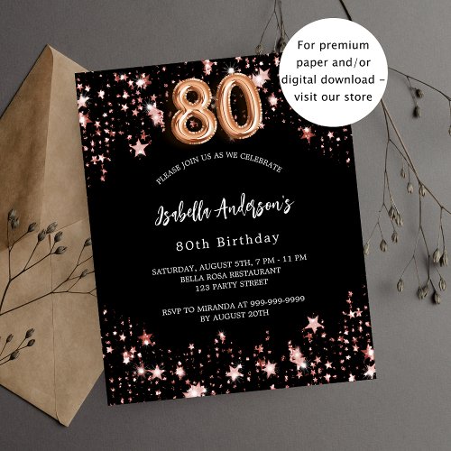 80th birthday black rose gold budget invitation