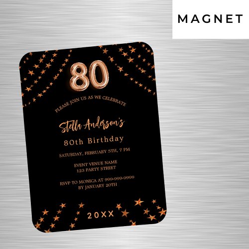 80th birthday black rose gold invitation magnet