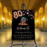 80th Birthday black rose gold photo star welcome   Foam Board<br><div class="desc">A welcome board for a girly and glamorous 80th birthday party.  A classic black background decorated with rose gold stars.  Personalize and add a photo and name.  Number 80 is written with a balloon style font.
Back: no design</div>