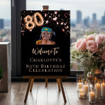 80th Birthday black rose gold photo star welcome   Foam Board<br><div class="desc">A welcome board for a girly and glamorous 80th birthday party.  A classic black background decorated with rose gold stars.  Personalize and add a photo and name.  Number 80 is written with a balloon style font.
Back: no design</div>