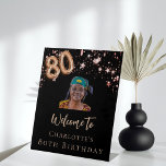 80th Birthday black rose gold photo star welcome Pedestal Sign<br><div class="desc">A welcome sign for a girly and glamorous 80th birthday party.  A classic black background decorated with rose gold stars.  Personalize and add a photo and name.  Number 80 is written with a balloon style font.</div>