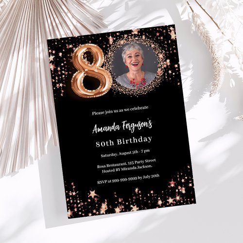 80th Birthday black rose gold photo stars Invitation