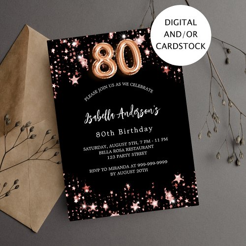 80th birthday black rose gold stars invitation