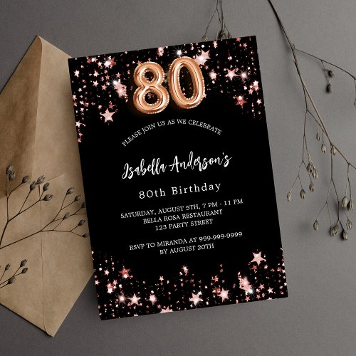 80th birthday black rose gold stars invitation postcard