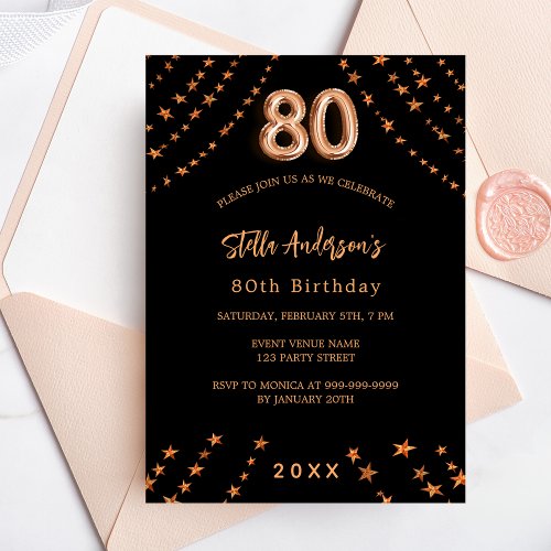 80th birthday black rose gold stars luxury invitation