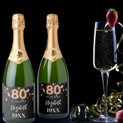 80th Birthday black rose gold stars Sparkling Wine Label